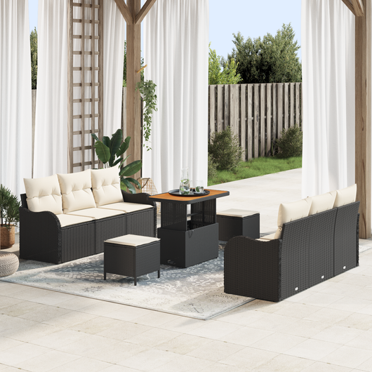 Set di Divani da Giardino 9 pezzi con cuscini Nero Polyrattan Acacia