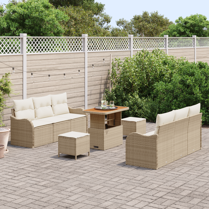 Set di divani da giardino in 9 pezzi con cuscini beige polyrattan acacia