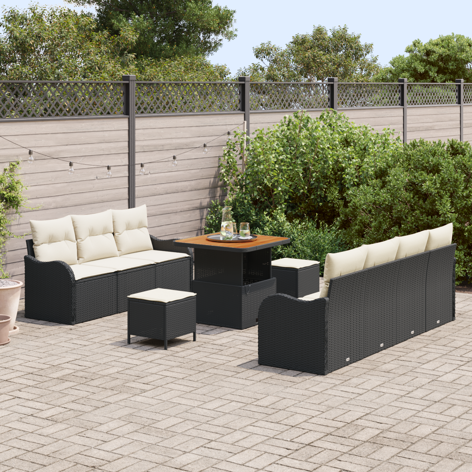 Set Divano da Giardino  da 10 Pezzi con Cuscini Polyrattan Nero Acacia
