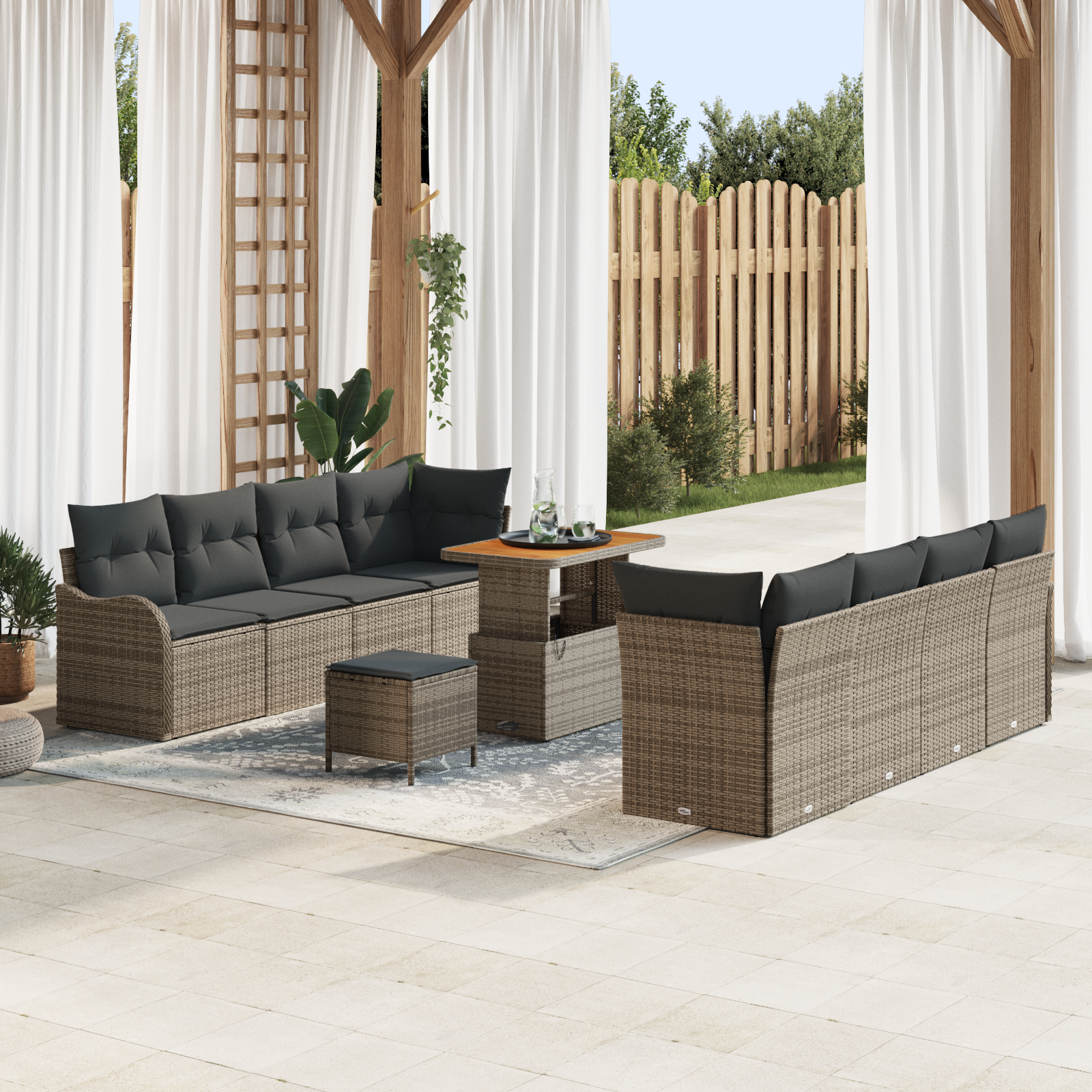 Set di Divani da Giardino 11 Pezzi con Cuscini Grigio Polyrattan Acacia
