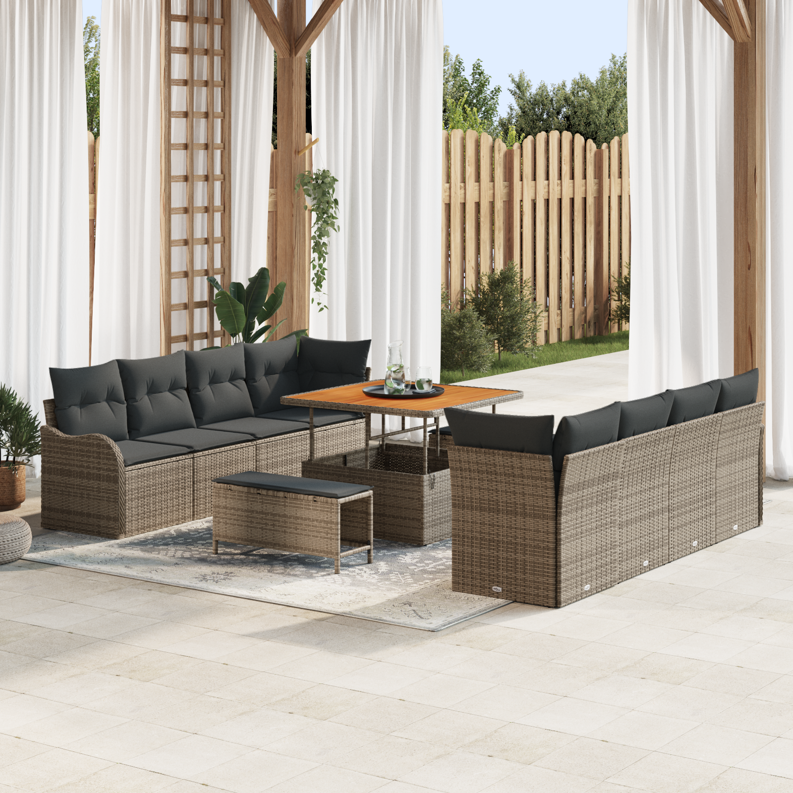 Set di Divani da Giardino  11 Pezzi con Cuscini Grigio Polyrattan Acacia