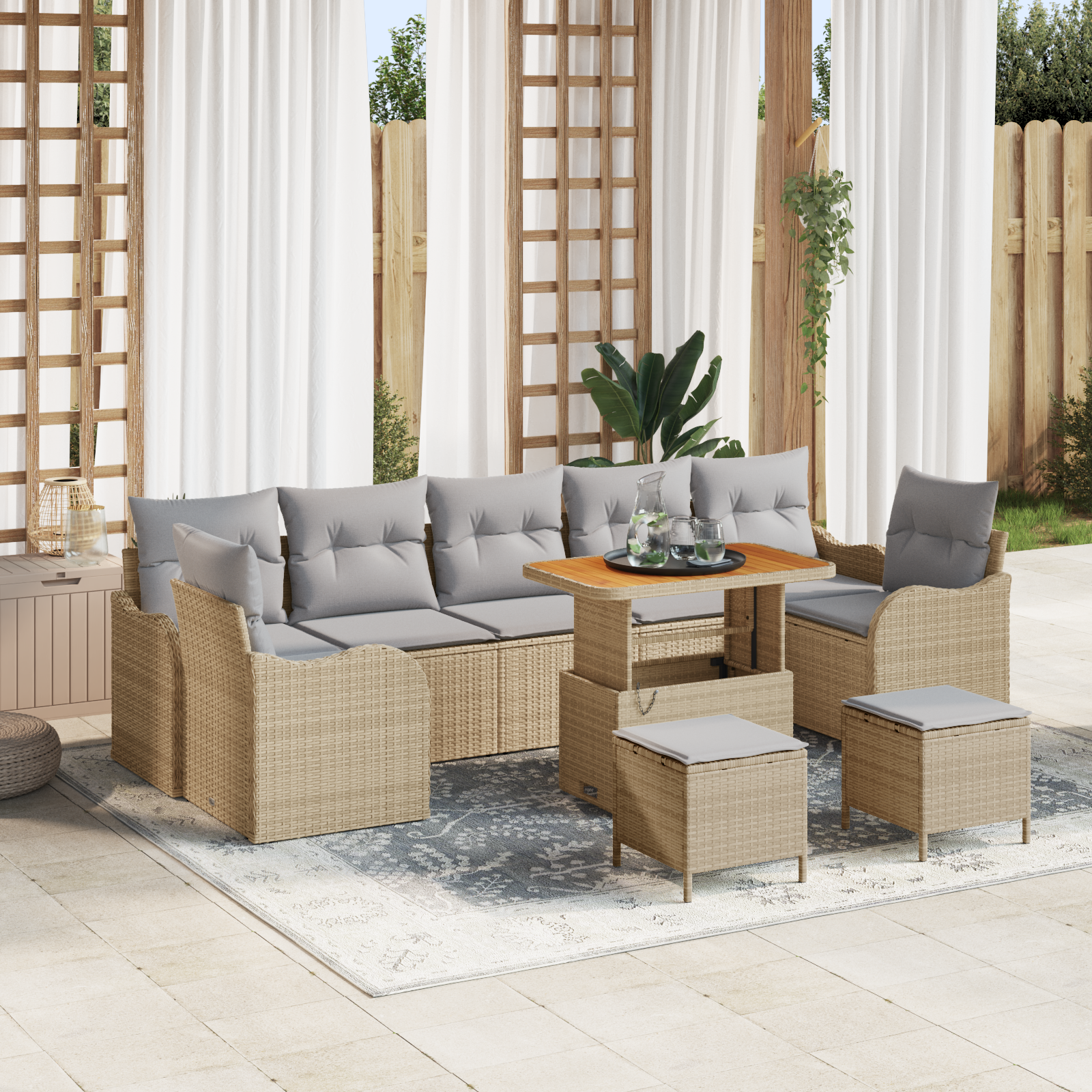 Set Divano da Giardino  10 Pezzi con Cuscini Beige in Rattan e Acacia