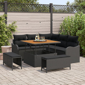 Set Divano da Giardino 8 Pezzi con Cuscini in Rattan Poliestere Nero e Acacia