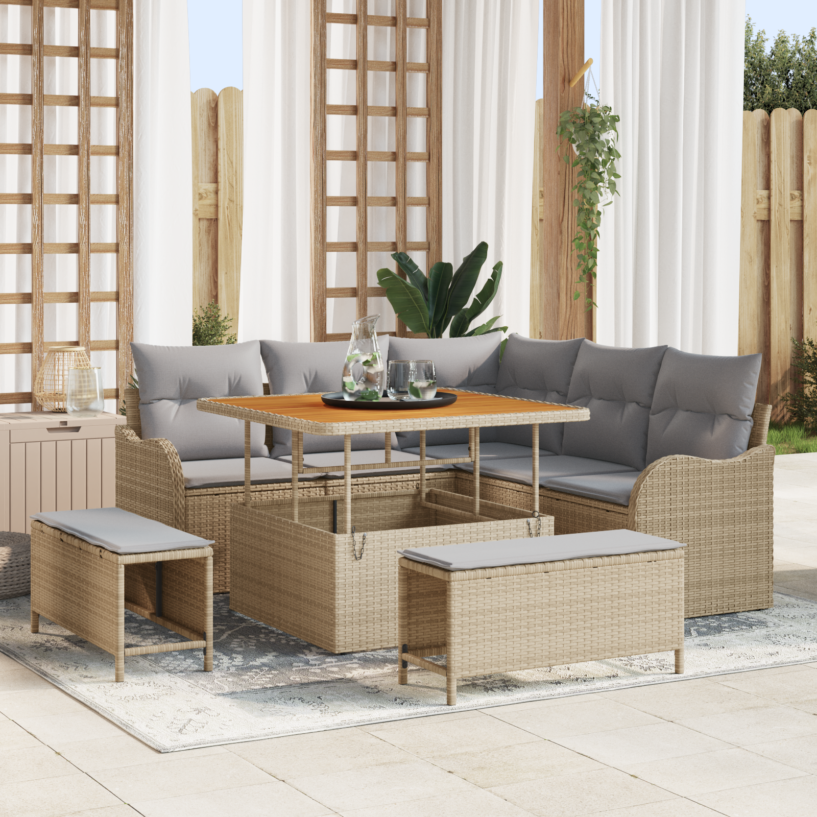 Set di Divano da Giardino 8 Pezzi con Cuscini Beige Polyrattan Acacia