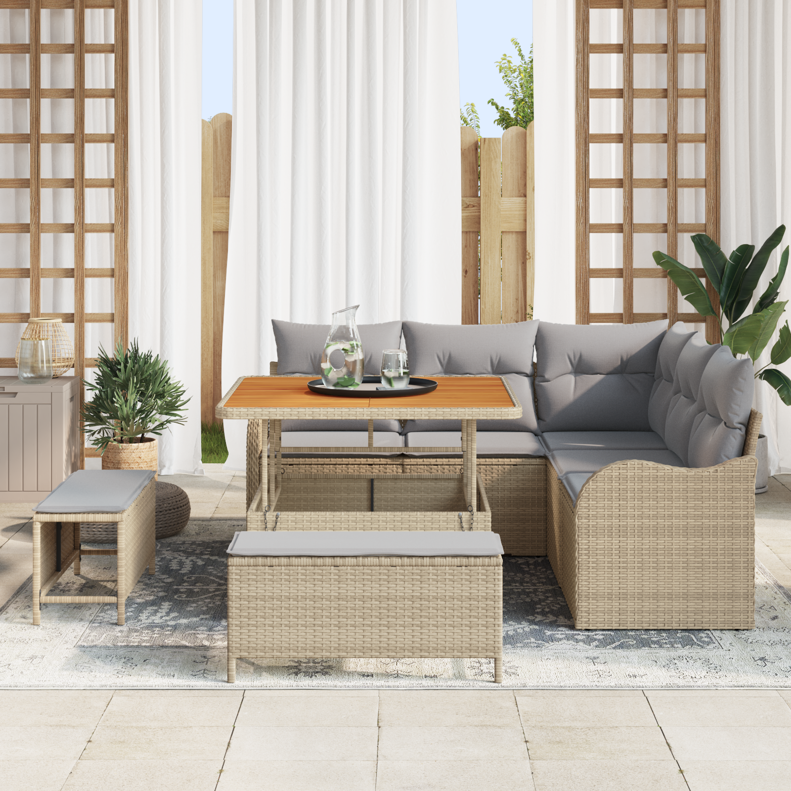 Set di Divano da Giardino 8 Pezzi con Cuscini Beige Polyrattan Acacia