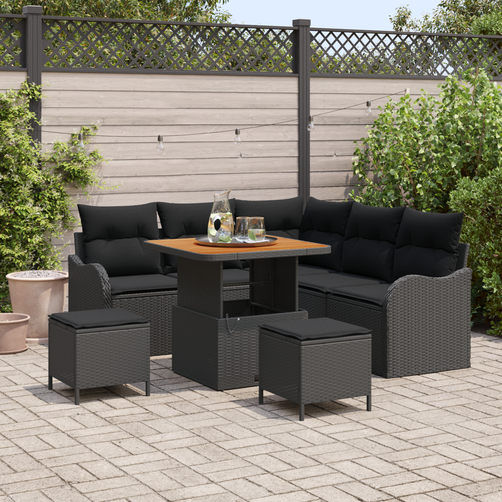 Set divano giardino 8 pezzi con cuscini Nero Polyrattan Acacia