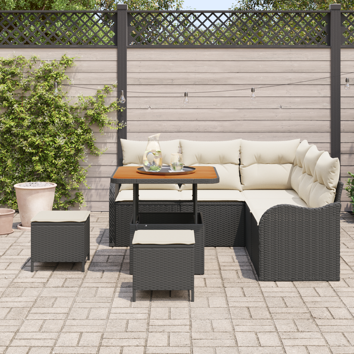 Set di divani da giardino 8 pezzi con cuscini Rattan polyrattan nero Acacia