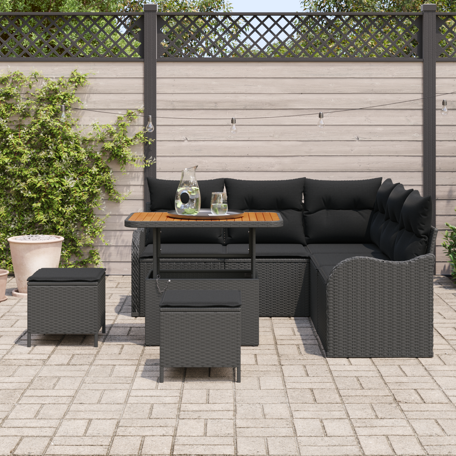 Set da Divano da Giardino  8 Pezzi con Cuscini Rattan Nero Acacia
