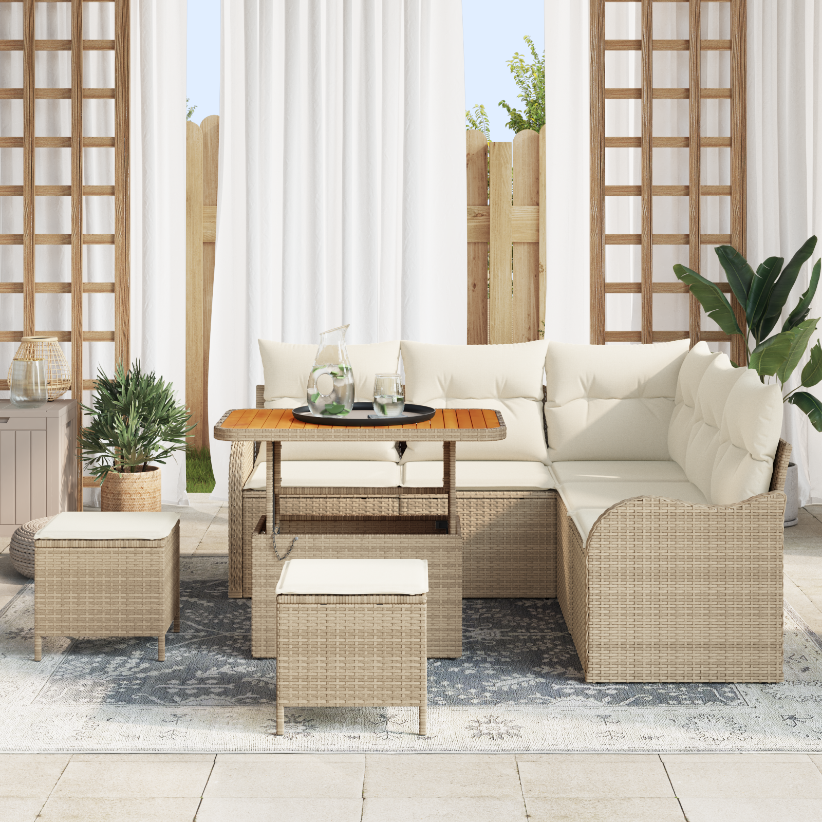 Set di divani da giardino  8 pezzi con cuscini beige in rattan poliestere