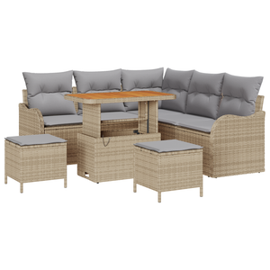 Set Divano da Giardino 8 Pezzi con Cuscini Beige Polyrattan Acacia