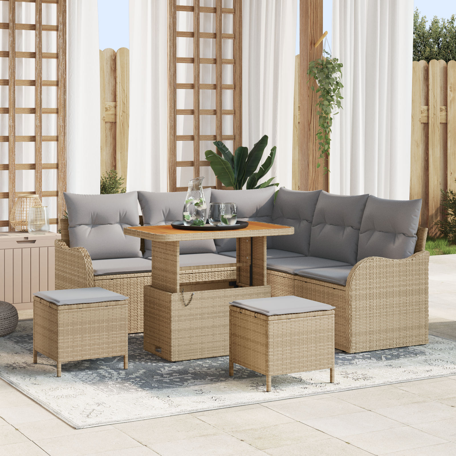 Set Divano da Giardino 8 Pezzi con Cuscini Beige Polyrattan Acacia
