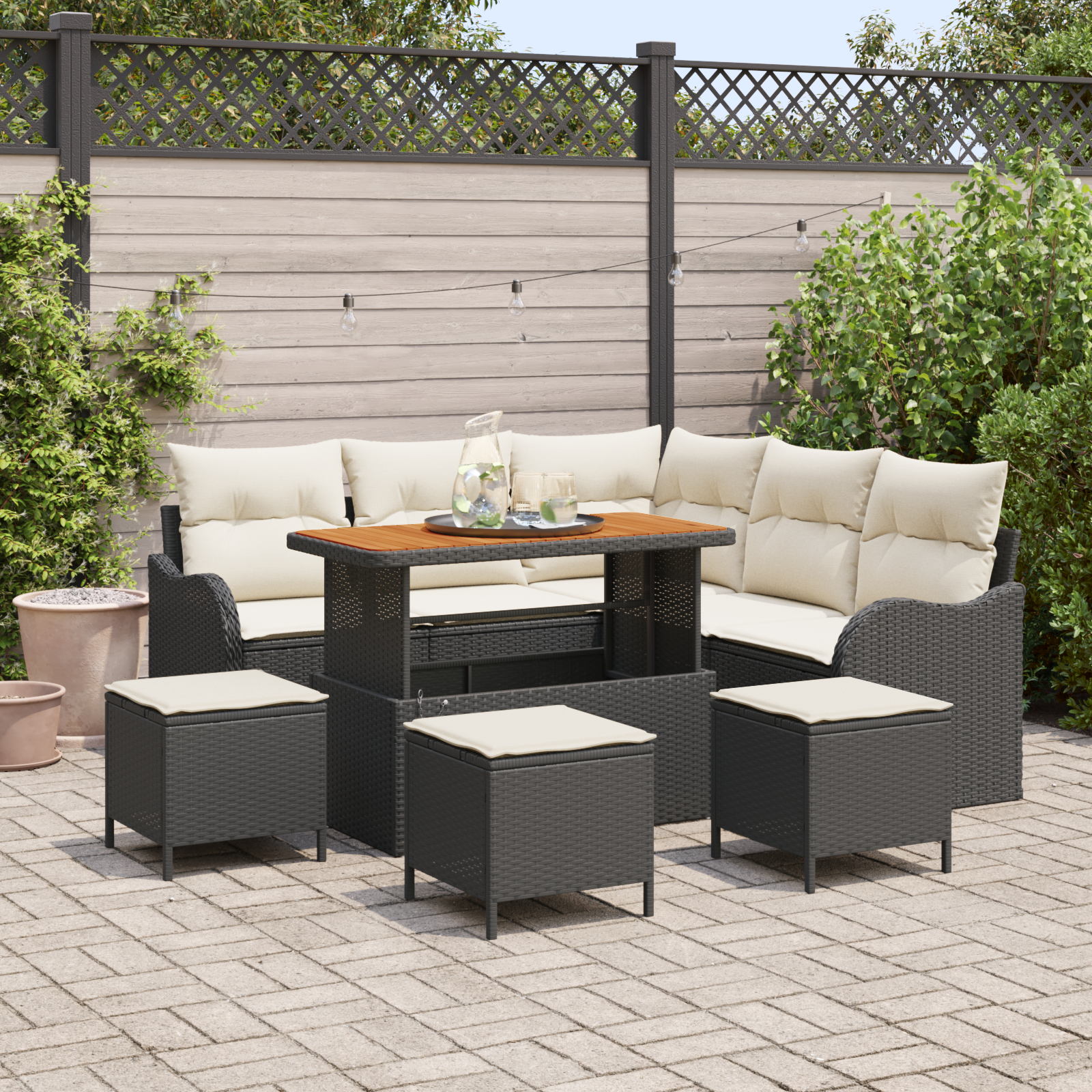 Set divano da giardino con cuscini  9 pezzi Poly Rattan Acacia nero