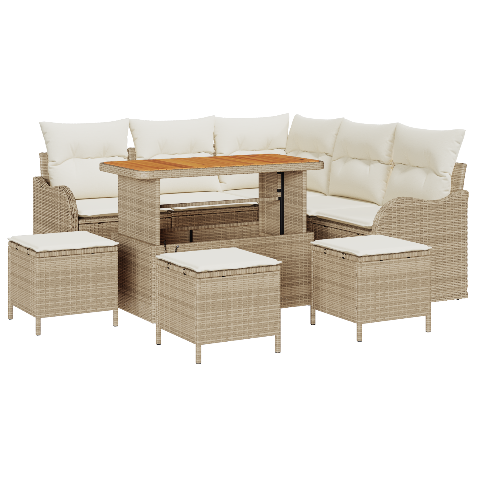 Set Divano da Giardino 9 Pezzi con Cuscini Beige in Polyrattan Acacia