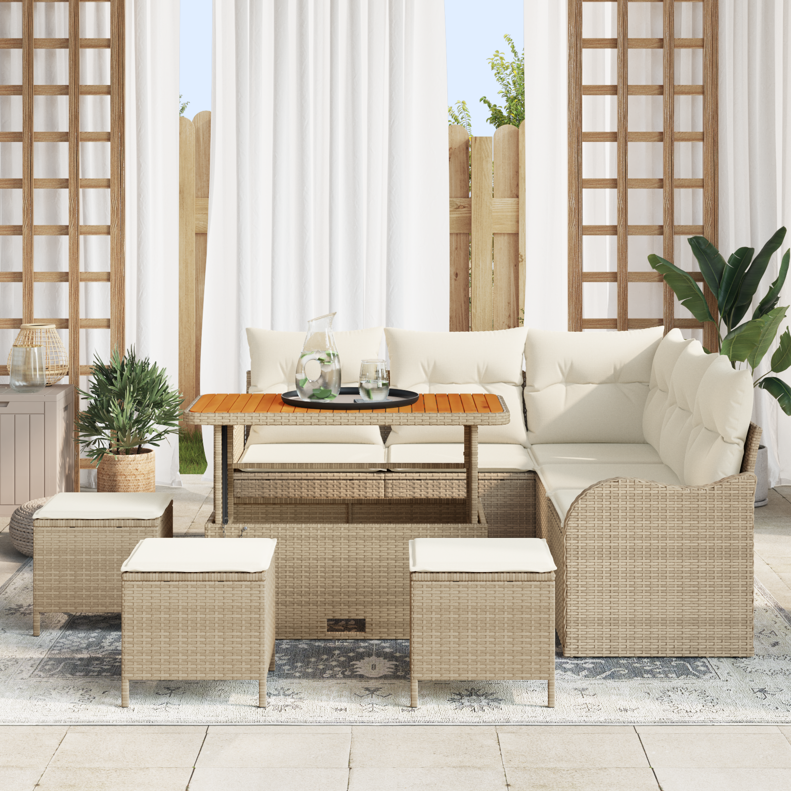 Set Divano da Giardino 9 Pezzi con Cuscini Beige in Polyrattan Acacia