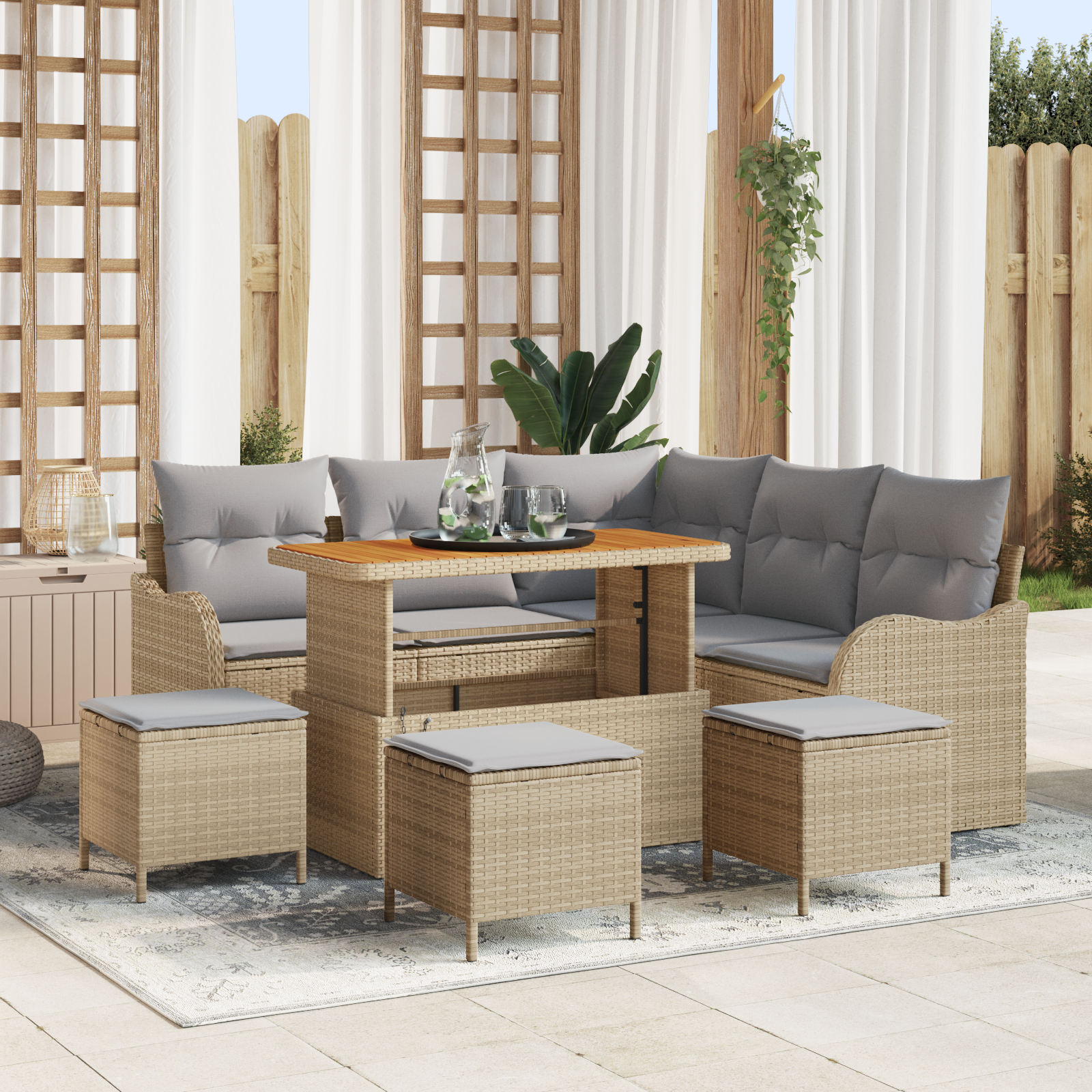Set Divano da Giardino 9 Pezzi con Cuscini Beige Polyrattan Acacia