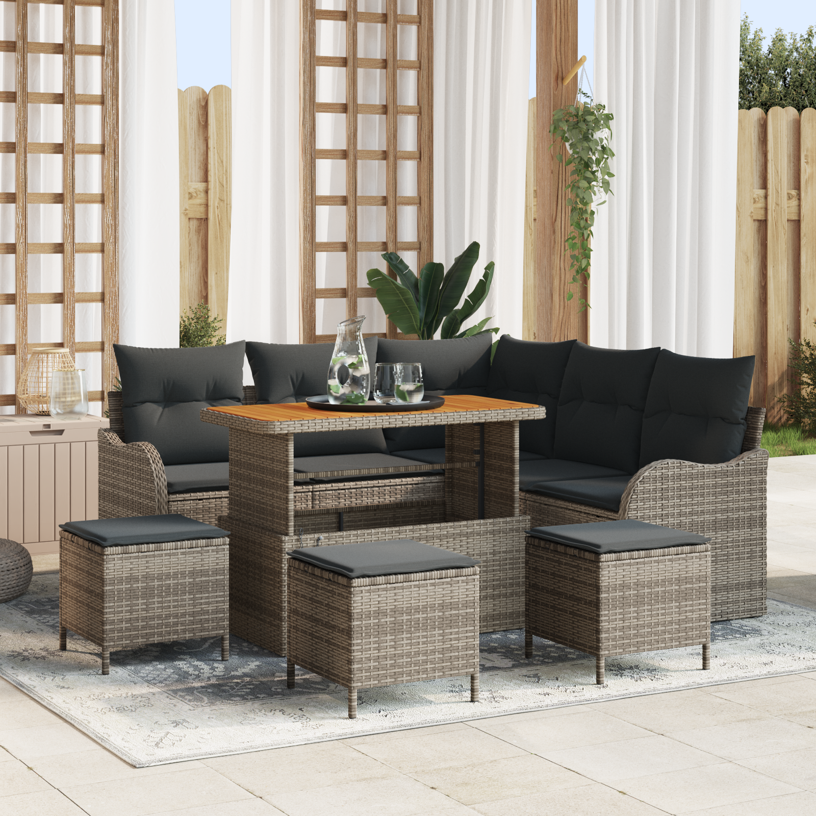 Set Divano da Giardino 9 Pezzi con Cuscini Grigio Rattan Polietilene Acacia