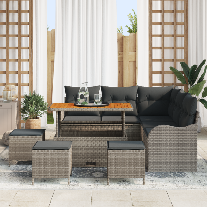 Set Divano da Giardino 9 Pezzi con Cuscini Grigio Rattan Polietilene Acacia