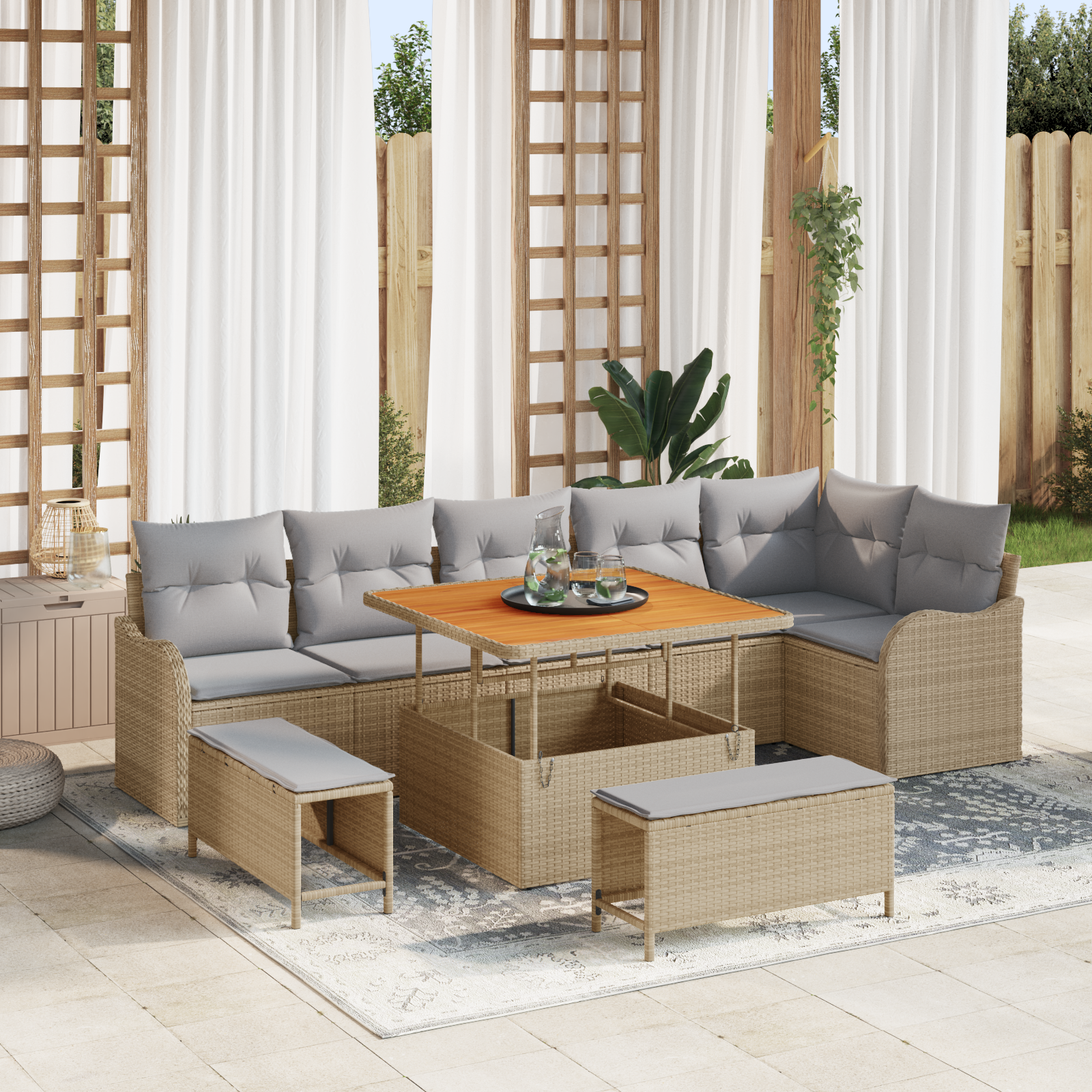 Set di Divani da Giardino  9 Pezzi con Cuscini Beige Polirattan Acacia