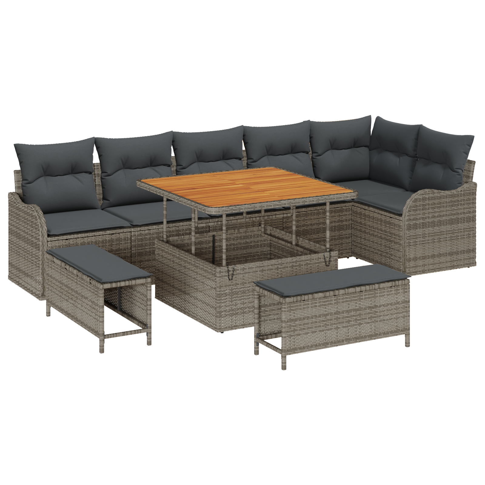 Set di divani da giardino da 9 pezzi con cuscini grigio in polyrattan acacia