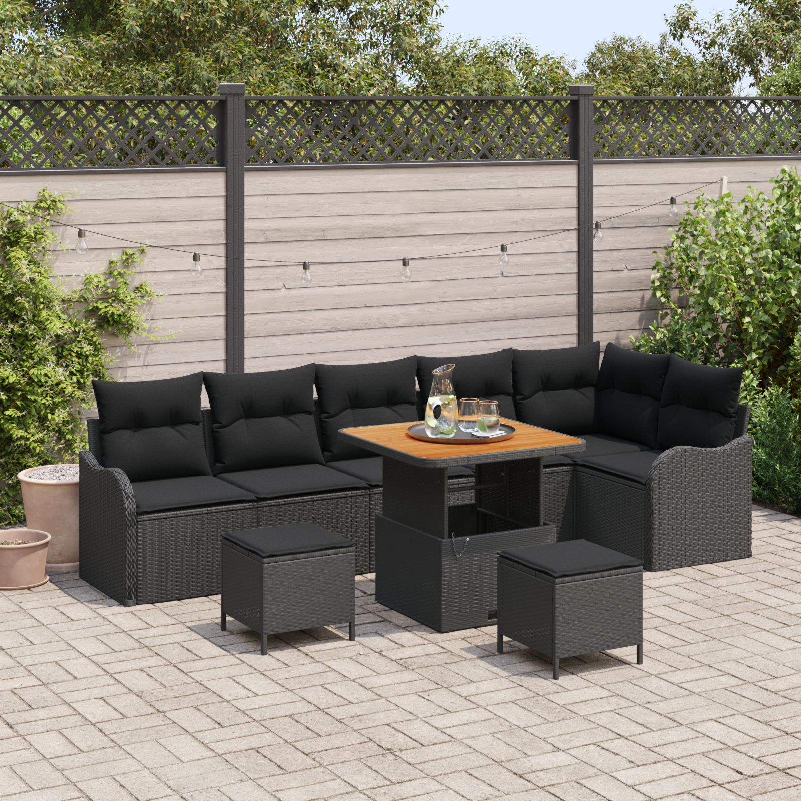 Set Divano Giardino 9 Pezzi con Cuscini Nero Polyrattan Acacia