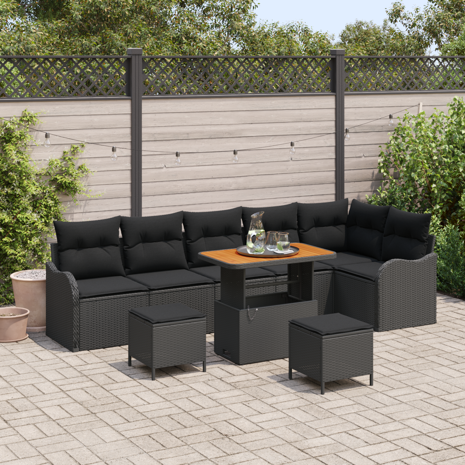 Set di divani da giardino  9 pezzi con cuscini Nero Polyrattan Acacia