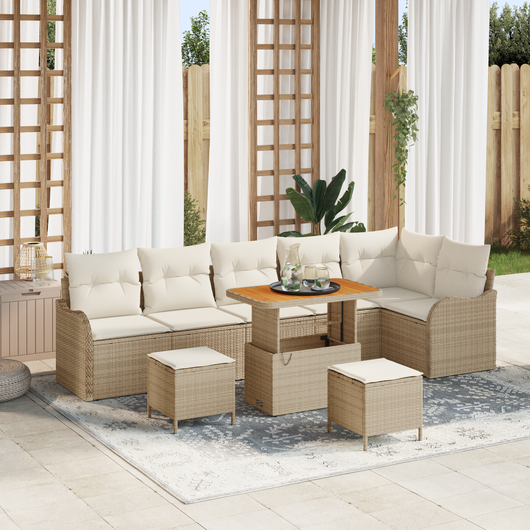Set di divani da giardino da 9 pezzi con cuscini in rattan sintetico beige in acacia