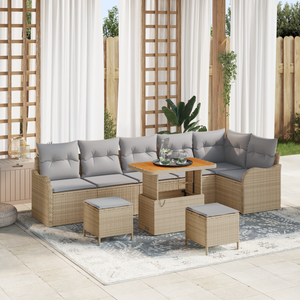 Set di Divani da Giardino 9 Pezzi con Cuscini Beige Polyrattan Acacia