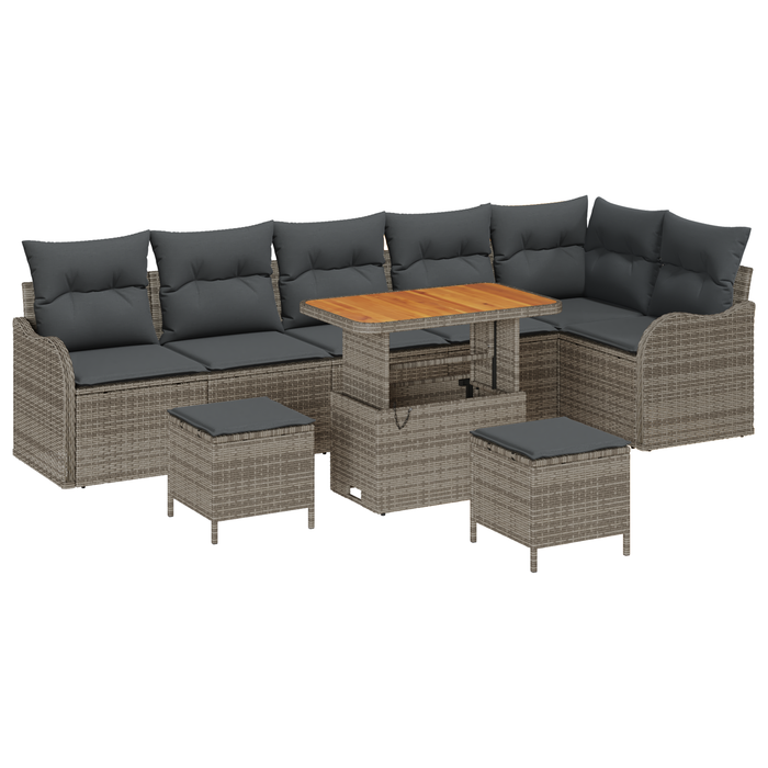 Set Divano da Giardino 9 Pezzi con Cuscini Grigio Polyrattan Acacia