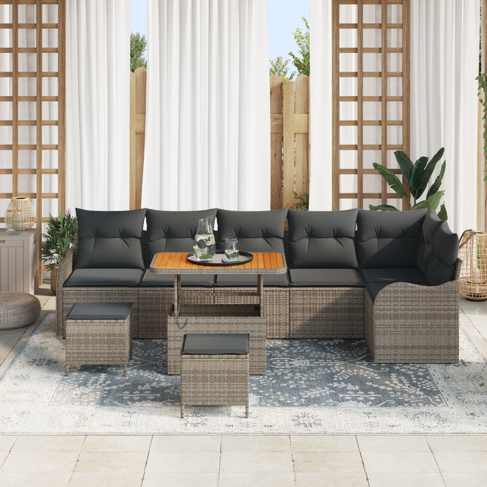Set Divano da Giardino 9 Pezzi con Cuscini Grigio Polyrattan Acacia