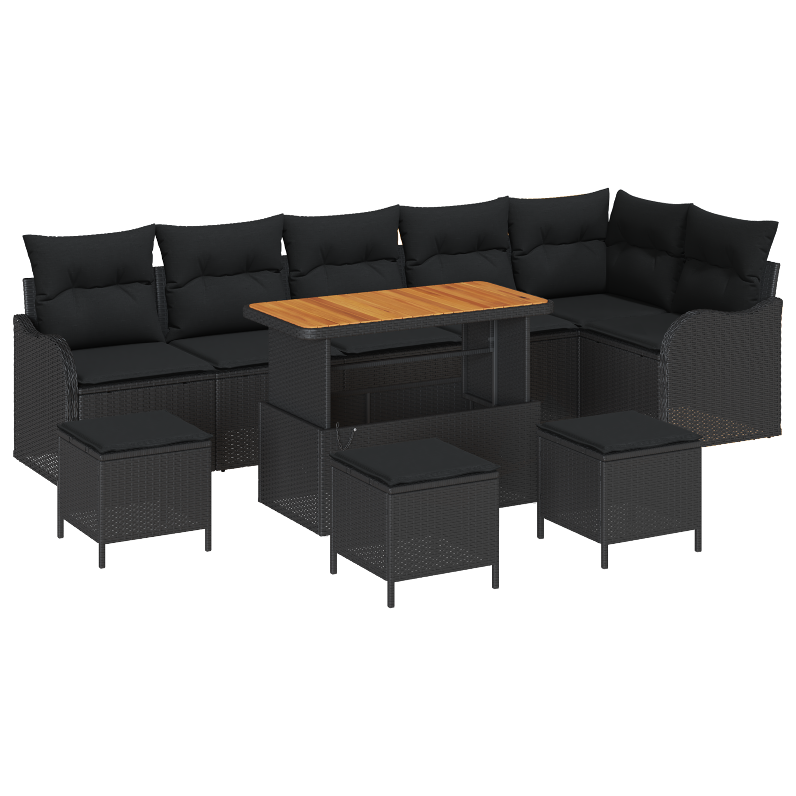 Set di Divano da Giardino da 10 Pezzi con Cuscini Nero Polyrattan Acacia