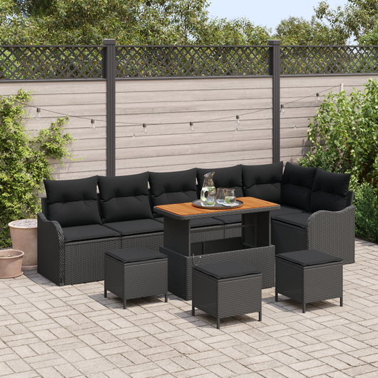 Set di Divano da Giardino da 10 Pezzi con Cuscini Nero Polyrattan Acacia