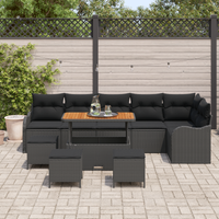 Set di Divano da Giardino da 10 Pezzi con Cuscini Nero Polyrattan Acacia