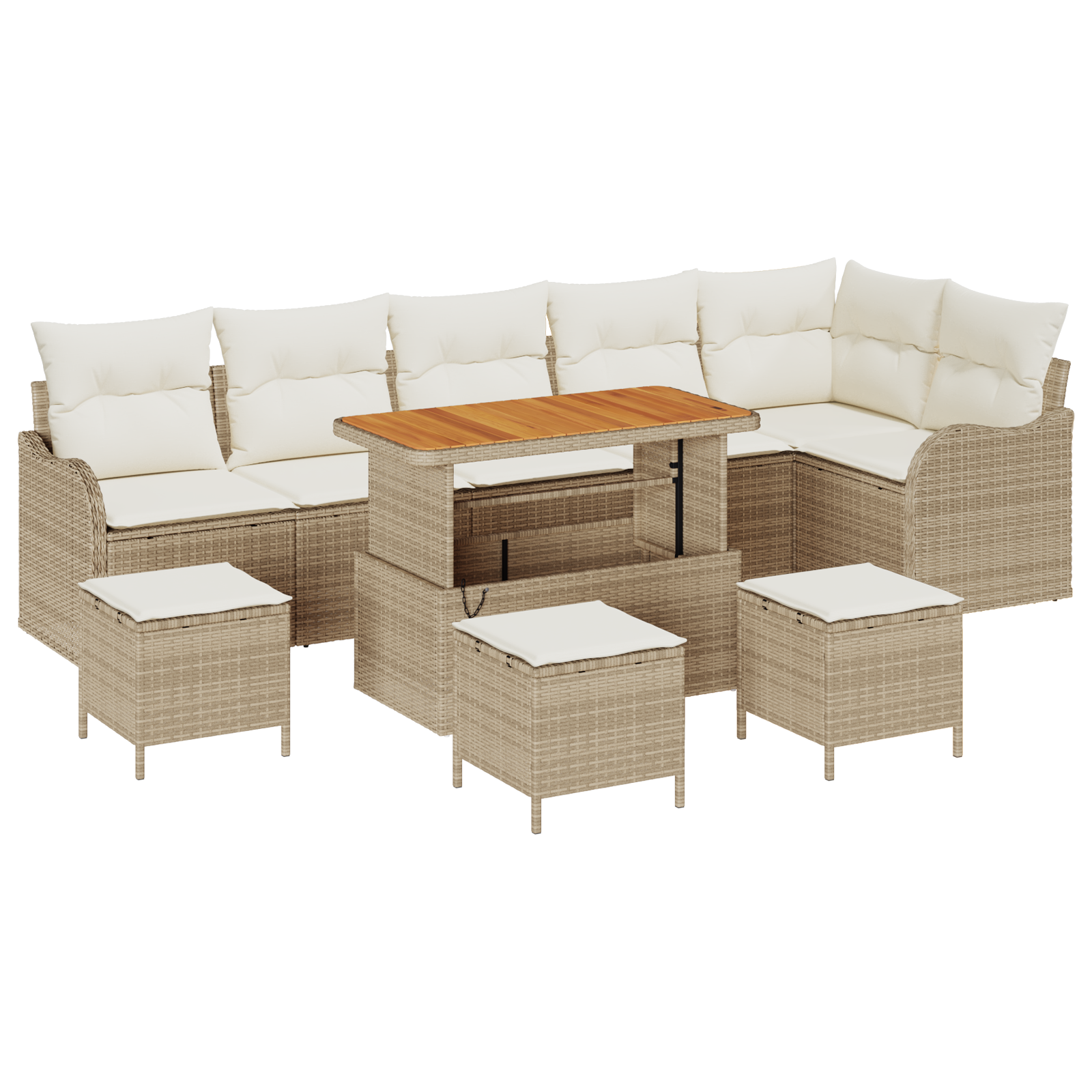 Set di Divano da Giardino in 10 Pezzi con Cuscini Beige Polyrattan Acacia