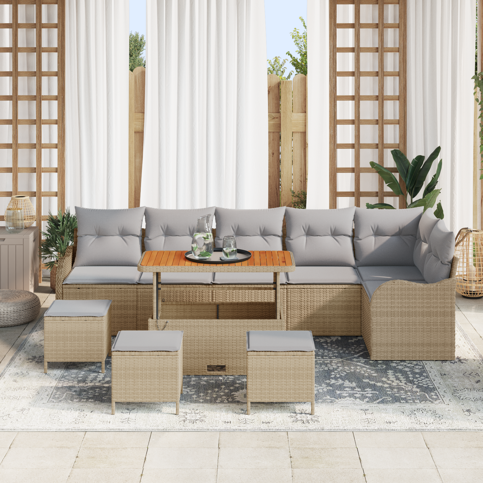 Set di Divani da Giardino  10 Pezzi con Cuscini Beige Polyrattan Acacia