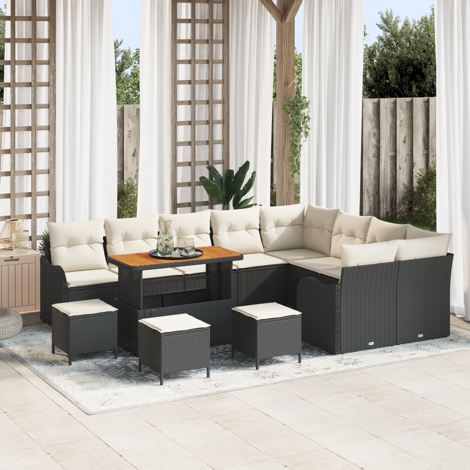 Set di Divano da Giardino  da 13 Pezzi con Cuscini Nero Polirattan Acacia
