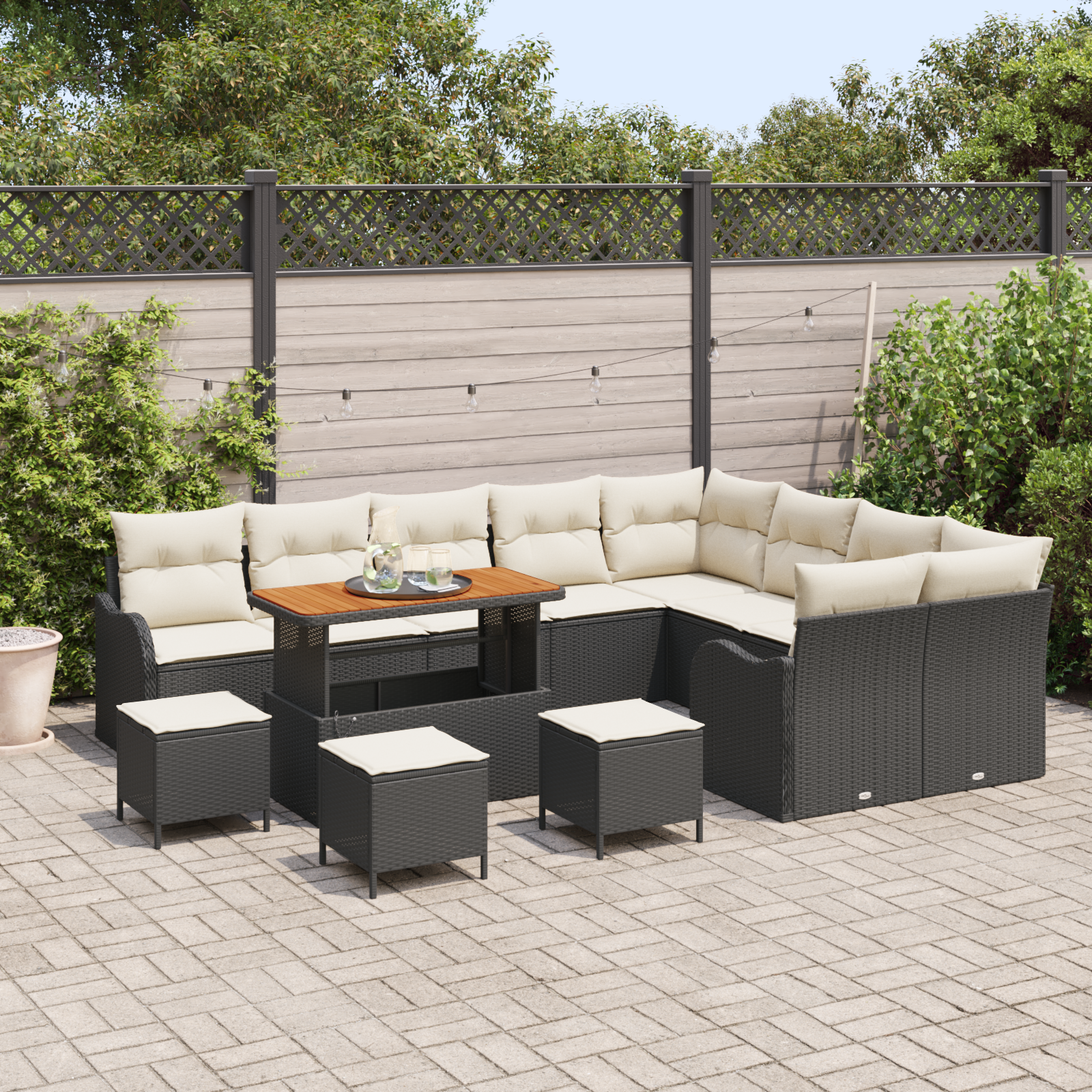 Set di Divano da Giardino  da 13 Pezzi con Cuscini Nero Polirattan Acacia