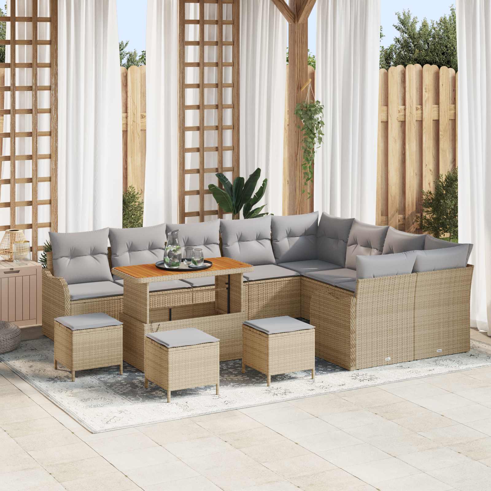 Set di 13 Pezzi di Sofa da Giardino con Cuscini Beige Polyrattan Acacia