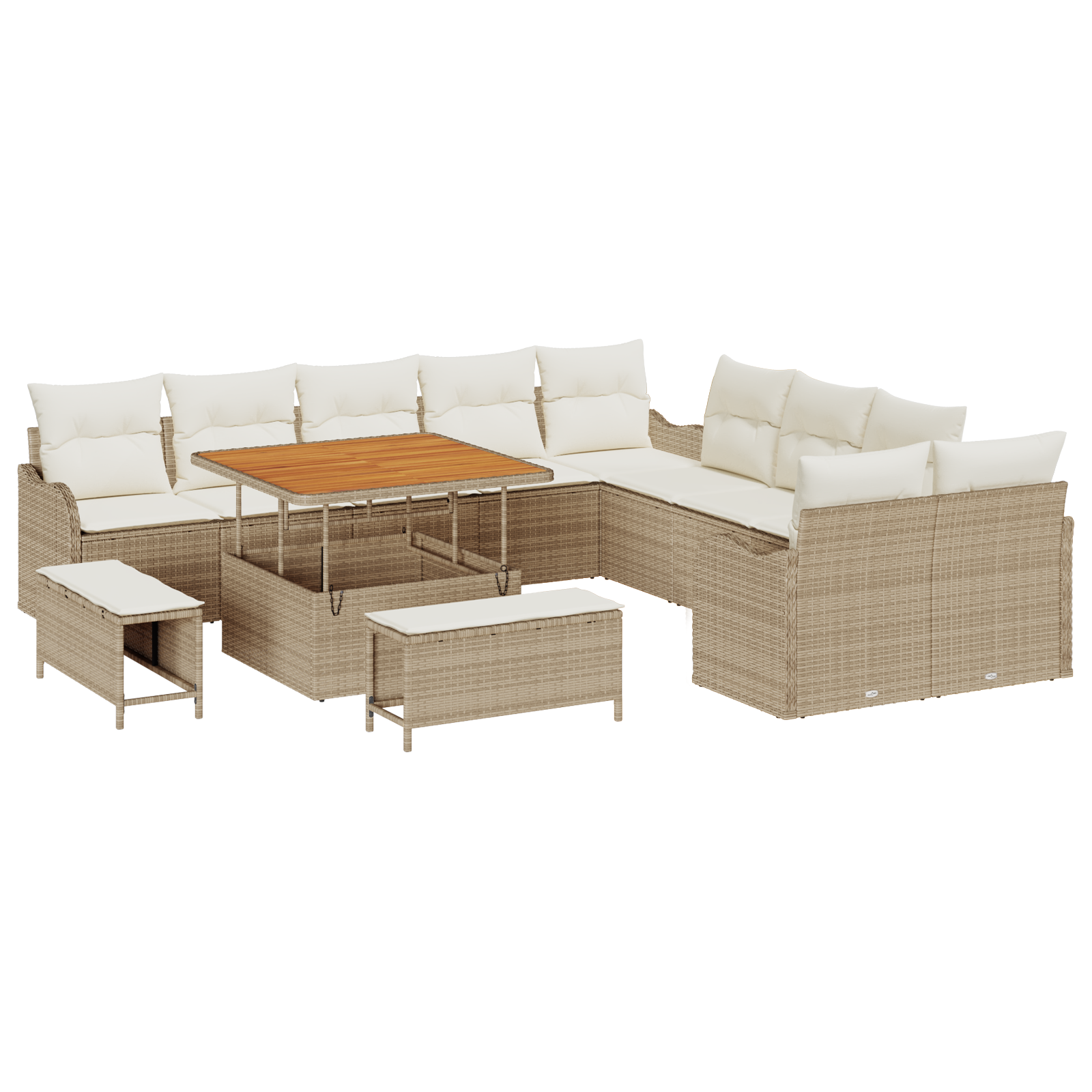 Set di Sofà da Giardino a 13 pezzi con Cuscini Beige Polyrattan Acacia