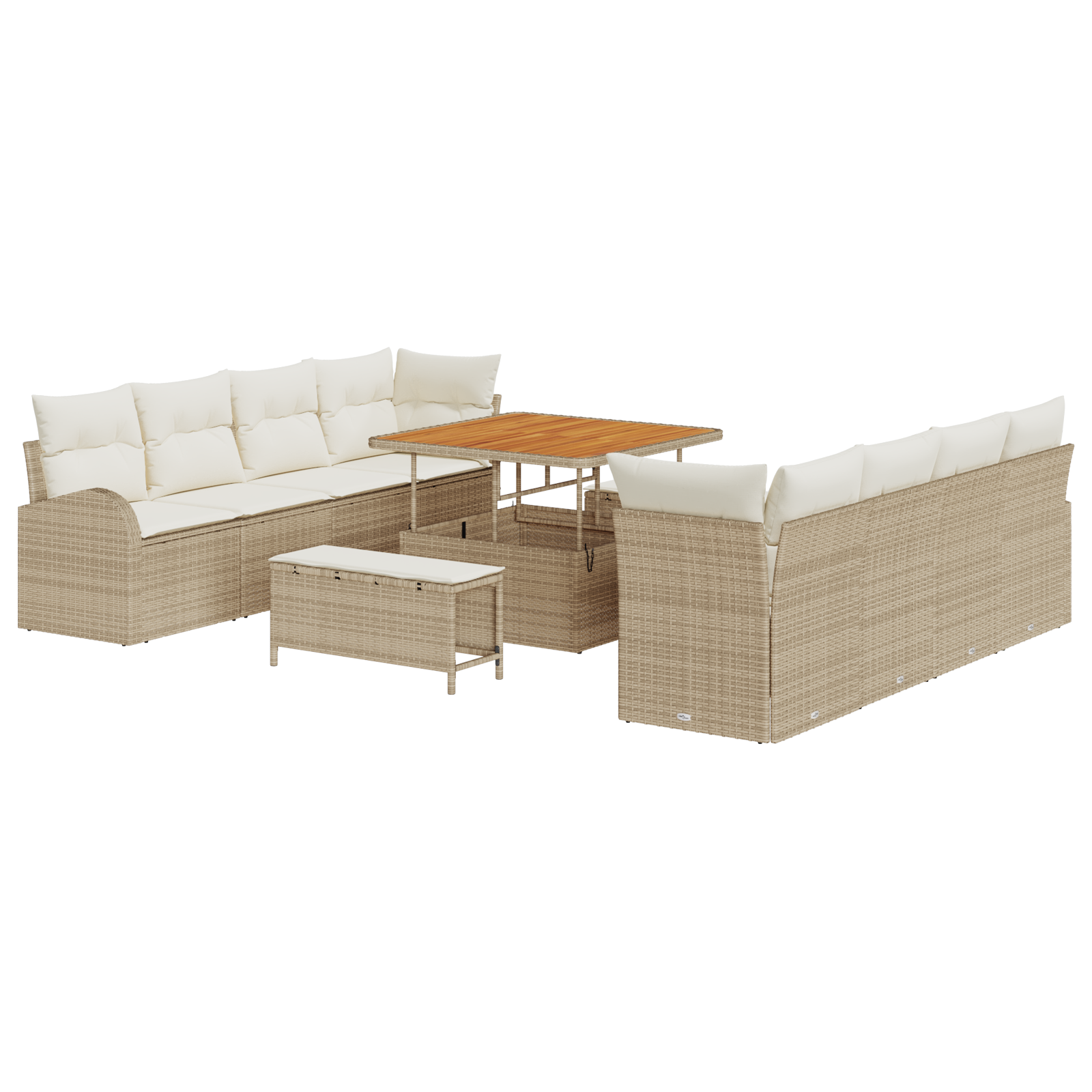 Set Divano da Giardino di 11 Pezzi con Cuscini Beige in Rattan Sintetico e Acacia
