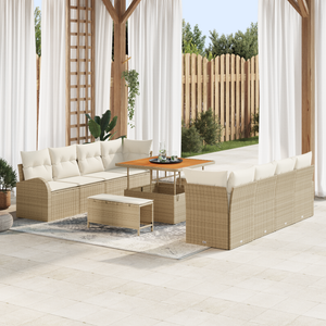 Set Divano da Giardino di 11 Pezzi con Cuscini Beige in Rattan Sintetico e Acacia