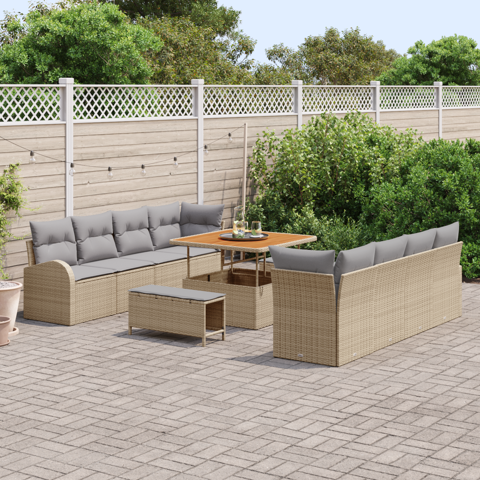 Set di Divano da Giardino  11 Pezzi con Cuscini Beige Rattan Sintetico Acacia