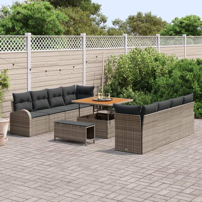 Set di divano da giardino 11 pezzi con cuscini Grigio Polyrattan Acacia