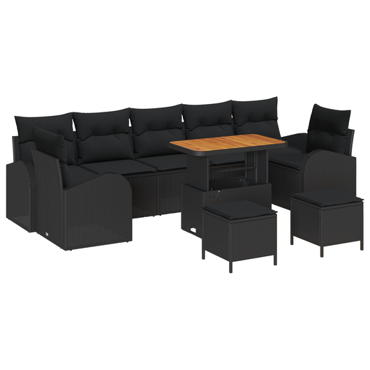 Set Divani da Giardino 10 Pezzi con Cuscini Nero Polyrattan Acacia