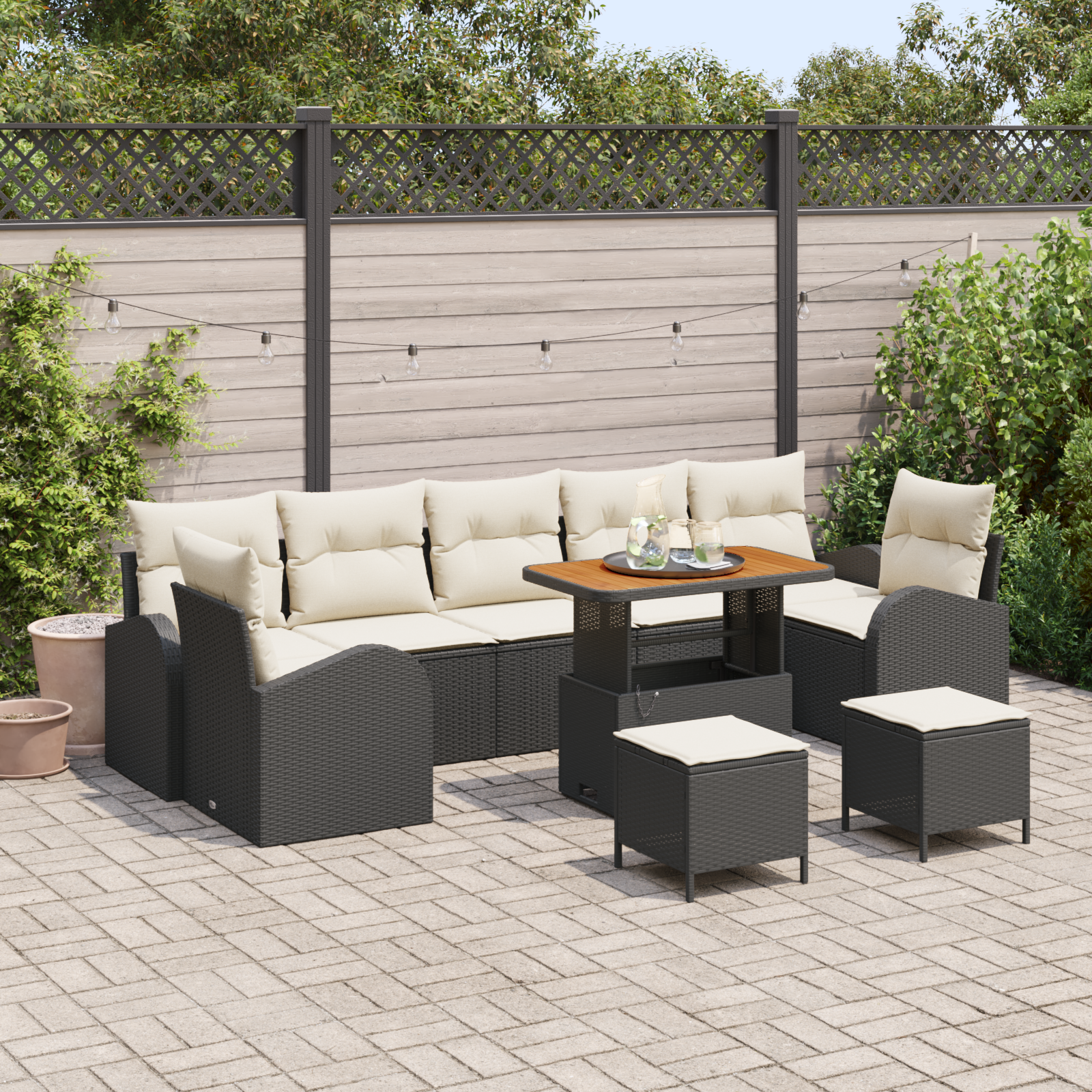 Set di Divani Giardino  da 10 Pezzi con Cuscini Nero Polyrattan Acacia