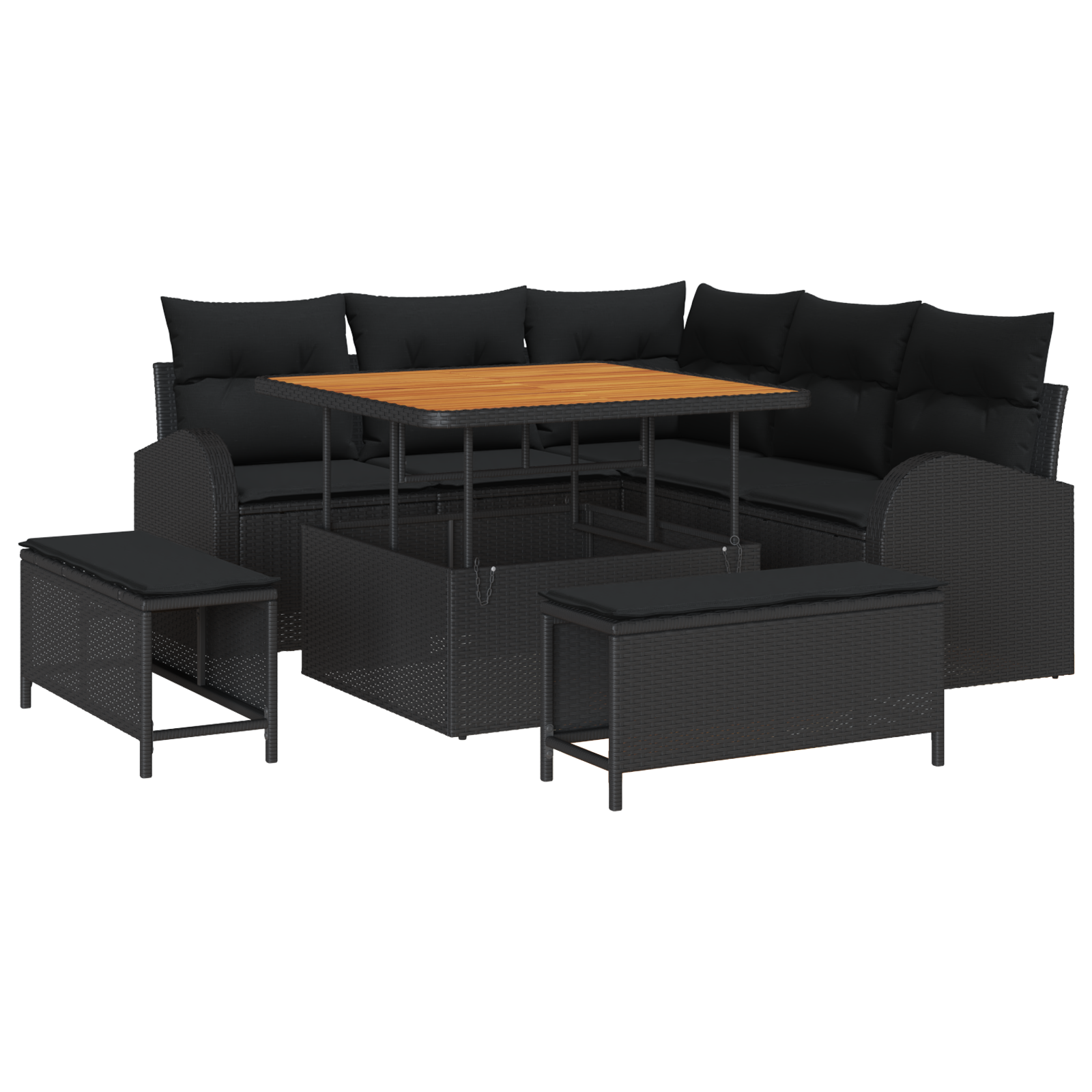 Set di Divano da Giardino 8 Pezzi con Cuscini Polyrattan Nero Acacia