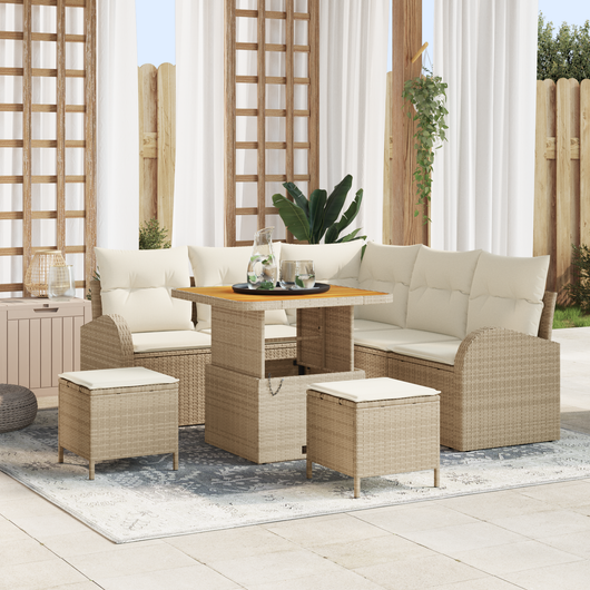 Set di Divani da Giardino 8 Pezzi con Cuscini Beige Polyrattan Acacia