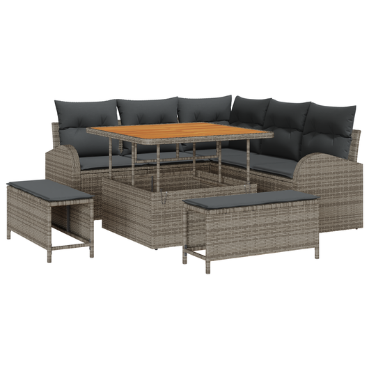 Set di Sofà da Giardino 8 Pezzi con Cuscini Grigio Rattan Polietilene Acacia