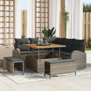 Set di Sofà da Giardino 8 Pezzi con Cuscini Grigio Rattan Polietilene Acacia