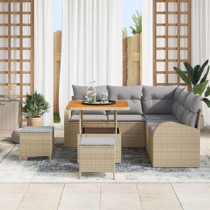 Set Divano da Giardino 8 Pezzi con Cuscini Beige in Polyrattan e Acacia