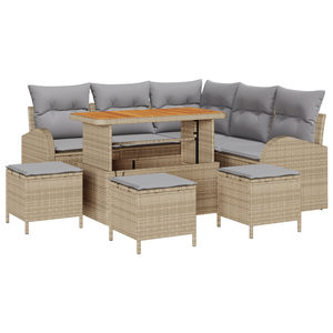 Set Divano da Giardino 9 Pezzi con Cuscini Beige Polyrattan Acacia
